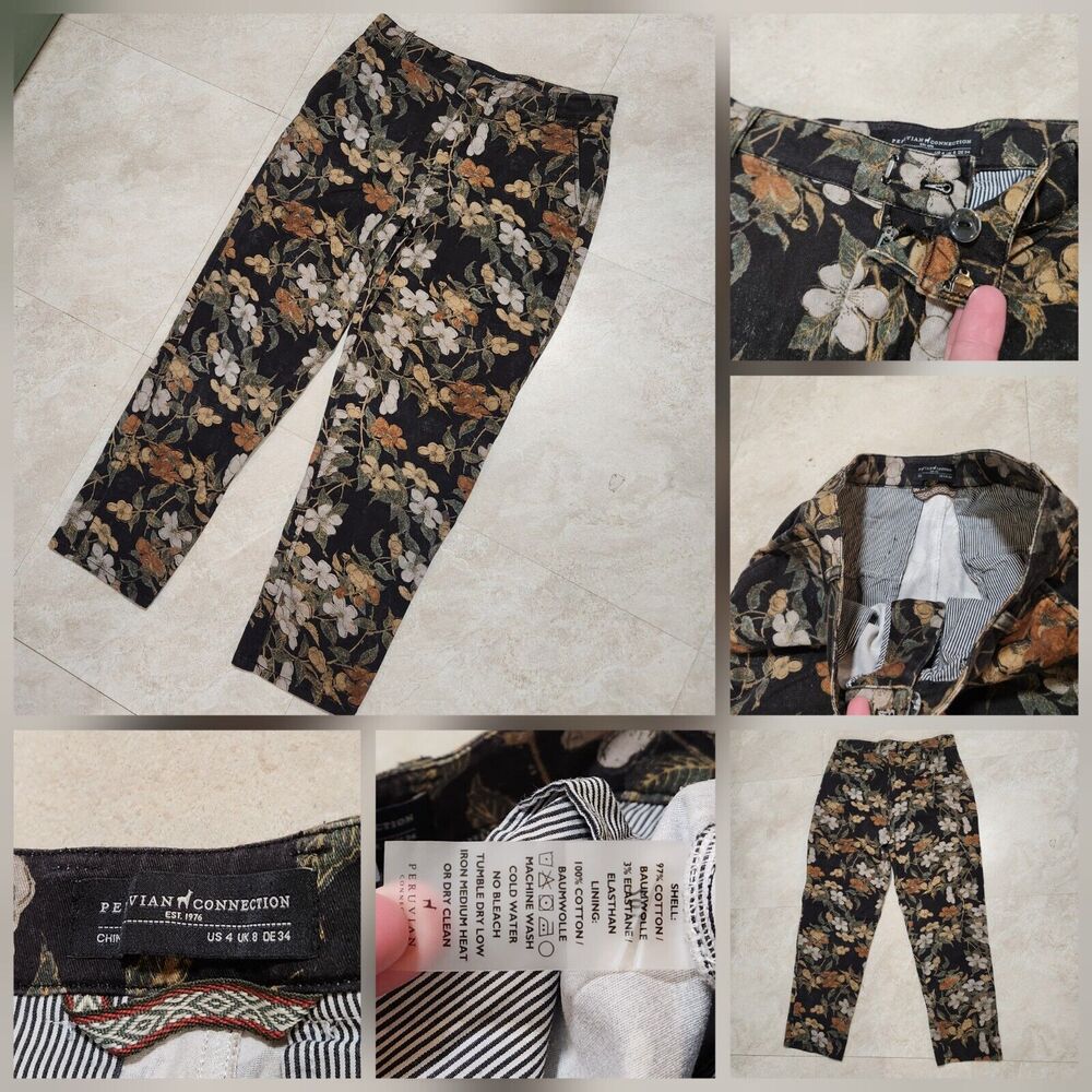 Peruvian Connection Womens Size 4 25" Inseam All Over Print Flowers Spring Pants
